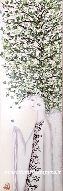 Viktorija Jasinskaitė-Bobina “Šviesus angelas su žaliu medžiu”; 20 X 60 cm. Paveikslas parduotas