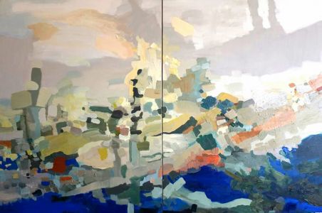 Rūta Levulienė „Diptikas. Peizažas”paveikslo matmenys 2X75X100 cm. Paveikslo kaina 945 Eur. 2017 m.
