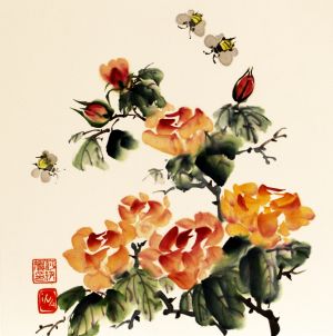 Ina Loreta Savickienė „Rožės ir bitės”. 2017 m. Matmenys 34 X 35 cm. Atlikimo technika: tušas ir mineraliniai dažai ant ryžių popieriaus, klijuota ant kartono. Kaina 324 Eur. 