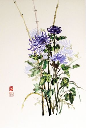 Ina Loreta Savickienė “Diptych with chrysanthemums I. Blue chrysanthemums“. Dimensions 47X69 cm.