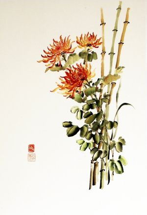 Ina Loreta Savickienė “Diptych with chrysanthemums II. Orange chrysanthemums“. Implementation technique: ink, mineral paints on rice, glued on foam cardboard. Dimensions 47X69 cm. Price 486 Eur. 2016. 